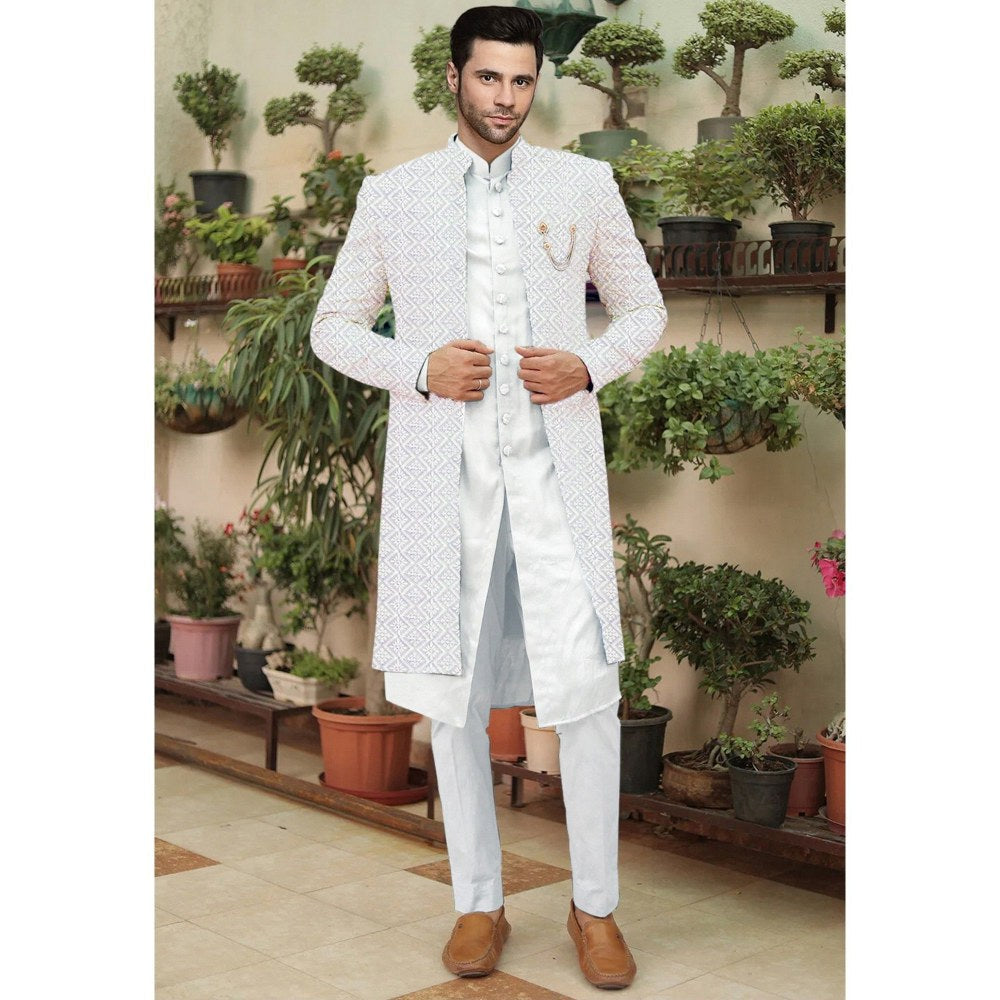 UTSAV FASHION Embroidered Off White Cotton Silk Faux Georgette Sherwani with Pant and Jacket