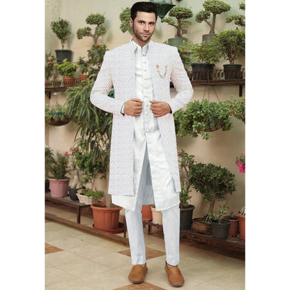 UTSAV FASHION Embroidered Off White Cotton Silk Faux Georgette Sherwani with Pant and Jacket