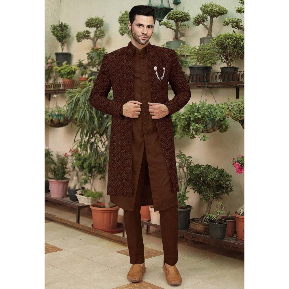 UTSAV FASHION Embroidered Brown Cotton Silk Faux Georgette Sherwani with Pant and Jacket