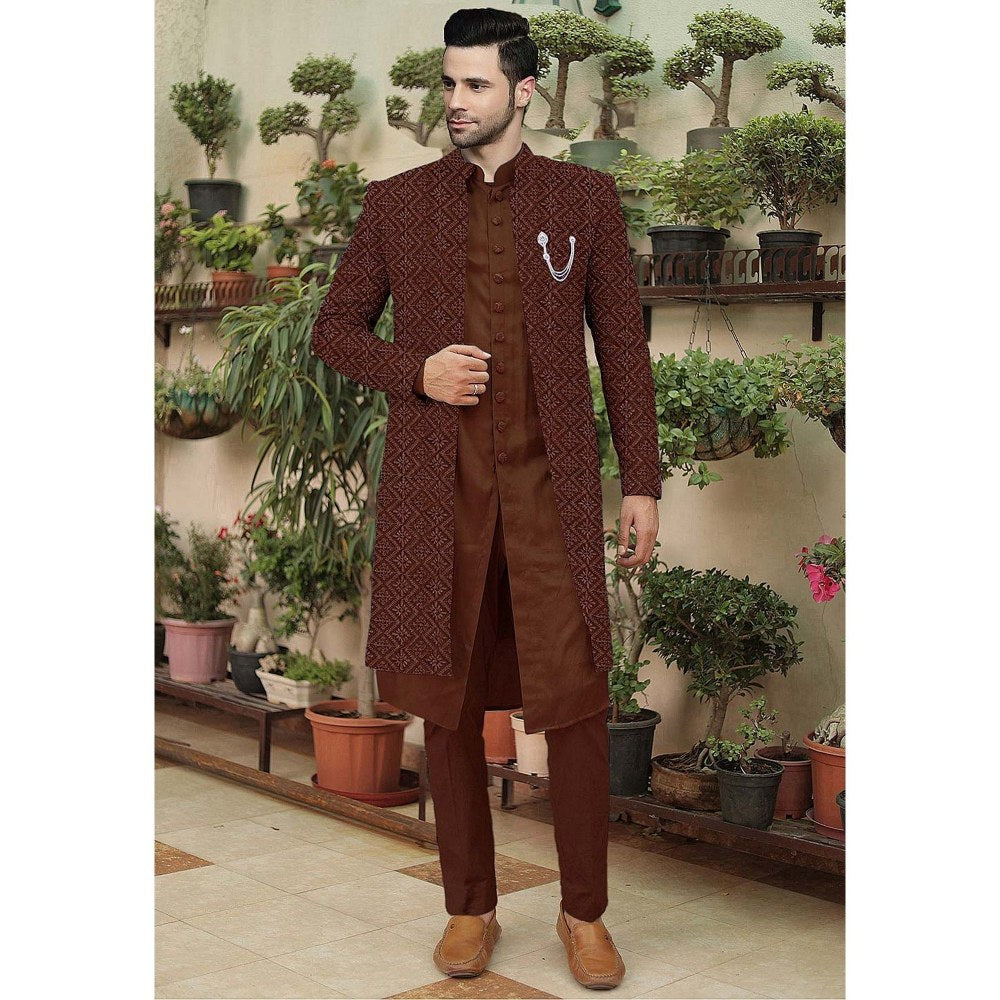 UTSAV FASHION Embroidered Brown Cotton Silk Faux Georgette Sherwani with Pant and Jacket