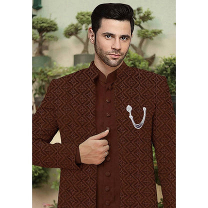 UTSAV FASHION Embroidered Brown Cotton Silk Faux Georgette Sherwani with Pant and Jacket