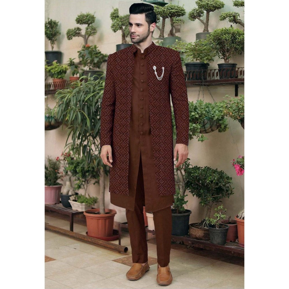 UTSAV FASHION Embroidered Brown Cotton Silk Faux Georgette Sherwani with Pant and Jacket