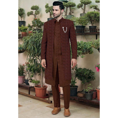 UTSAV FASHION Embroidered Brown Cotton Silk Faux Georgette Sherwani with Pant and Jacket