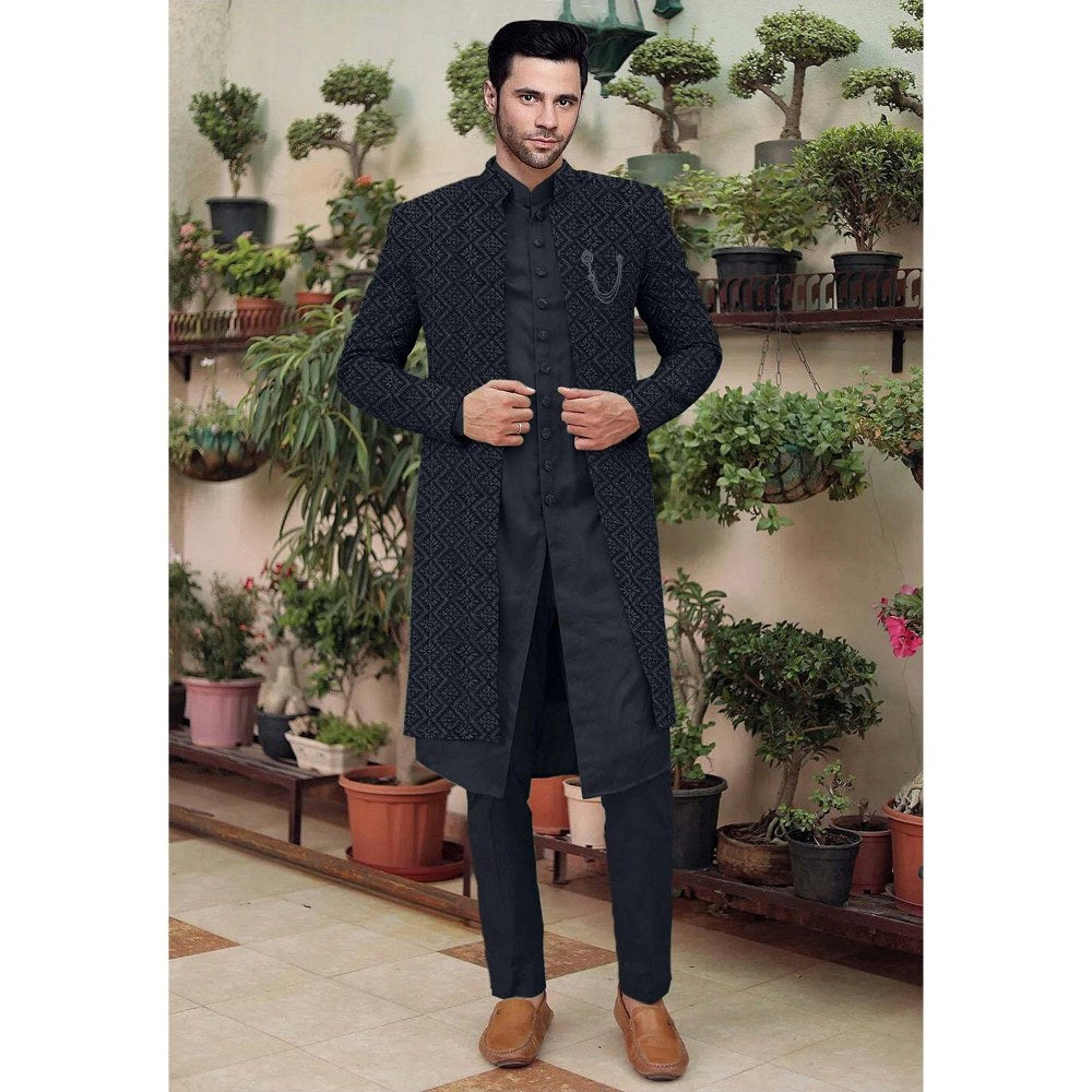 UTSAV FASHION Embroidered Black Cotton Silk Faux Georgette Sherwani with Pant and Jacket
