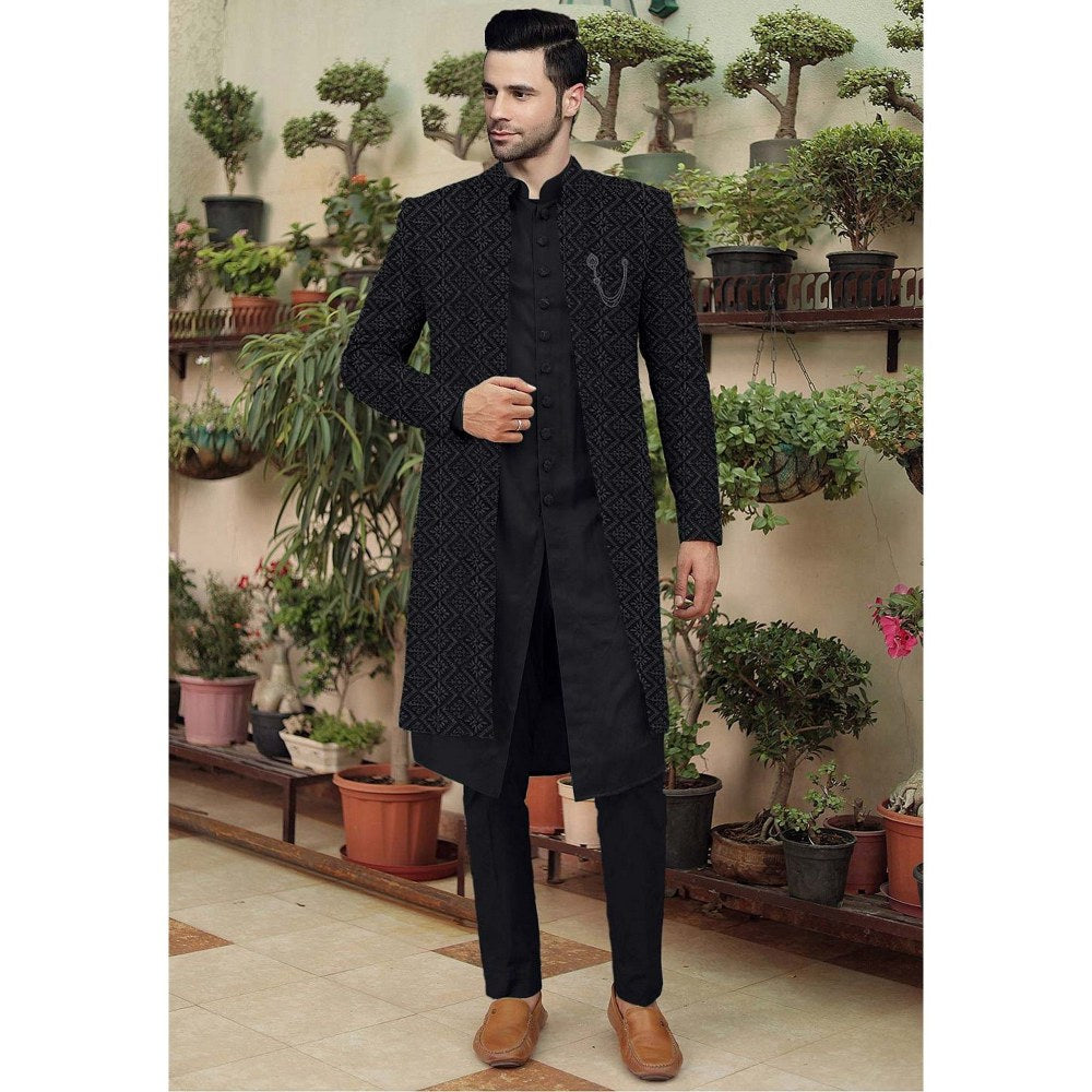 UTSAV FASHION Embroidered Black Cotton Silk Faux Georgette Sherwani with Pant and Jacket