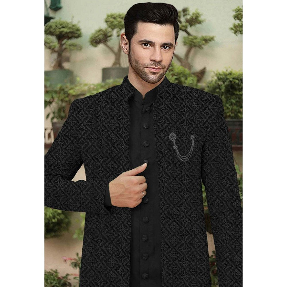 UTSAV FASHION Embroidered Black Cotton Silk Faux Georgette Sherwani with Pant and Jacket