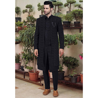 UTSAV FASHION Embroidered Black Cotton Silk Faux Georgette Sherwani with Pant and Jacket