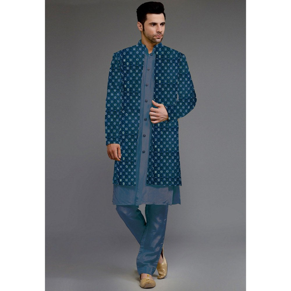 UTSAV FASHION Embroidered Uppada Silk Blue Faux Georgette Sherwani with Pant and Jacket