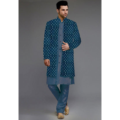 UTSAV FASHION Embroidered Uppada Silk Blue Faux Georgette Sherwani with Pant and Jacket
