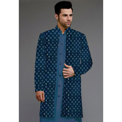 UTSAV FASHION Embroidered Uppada Silk Blue Faux Georgette Sherwani with Pant and Jacket