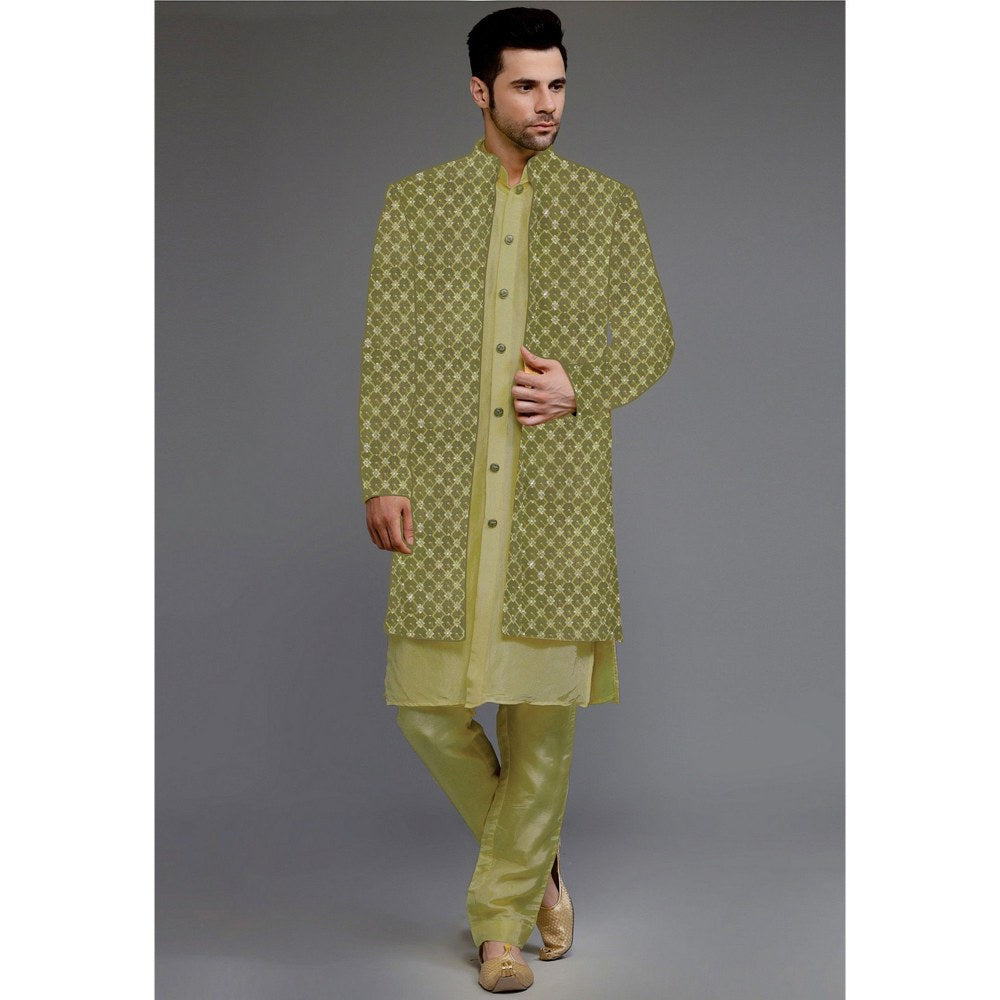 UTSAV FASHION Embroidered Uppada Silk Olive Faux Georgette Sherwani with Pant and Jacket