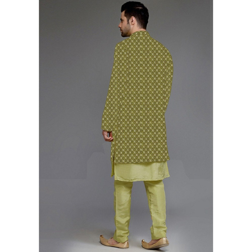 UTSAV FASHION Embroidered Uppada Silk Olive Faux Georgette Sherwani with Pant and Jacket