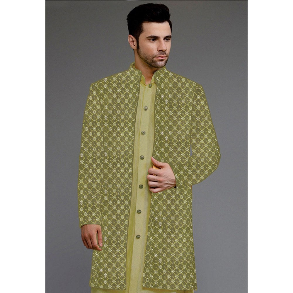 UTSAV FASHION Embroidered Uppada Silk Olive Faux Georgette Sherwani with Pant and Jacket