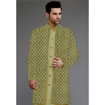 UTSAV FASHION Embroidered Uppada Silk Olive Faux Georgette Sherwani with Pant and Jacket