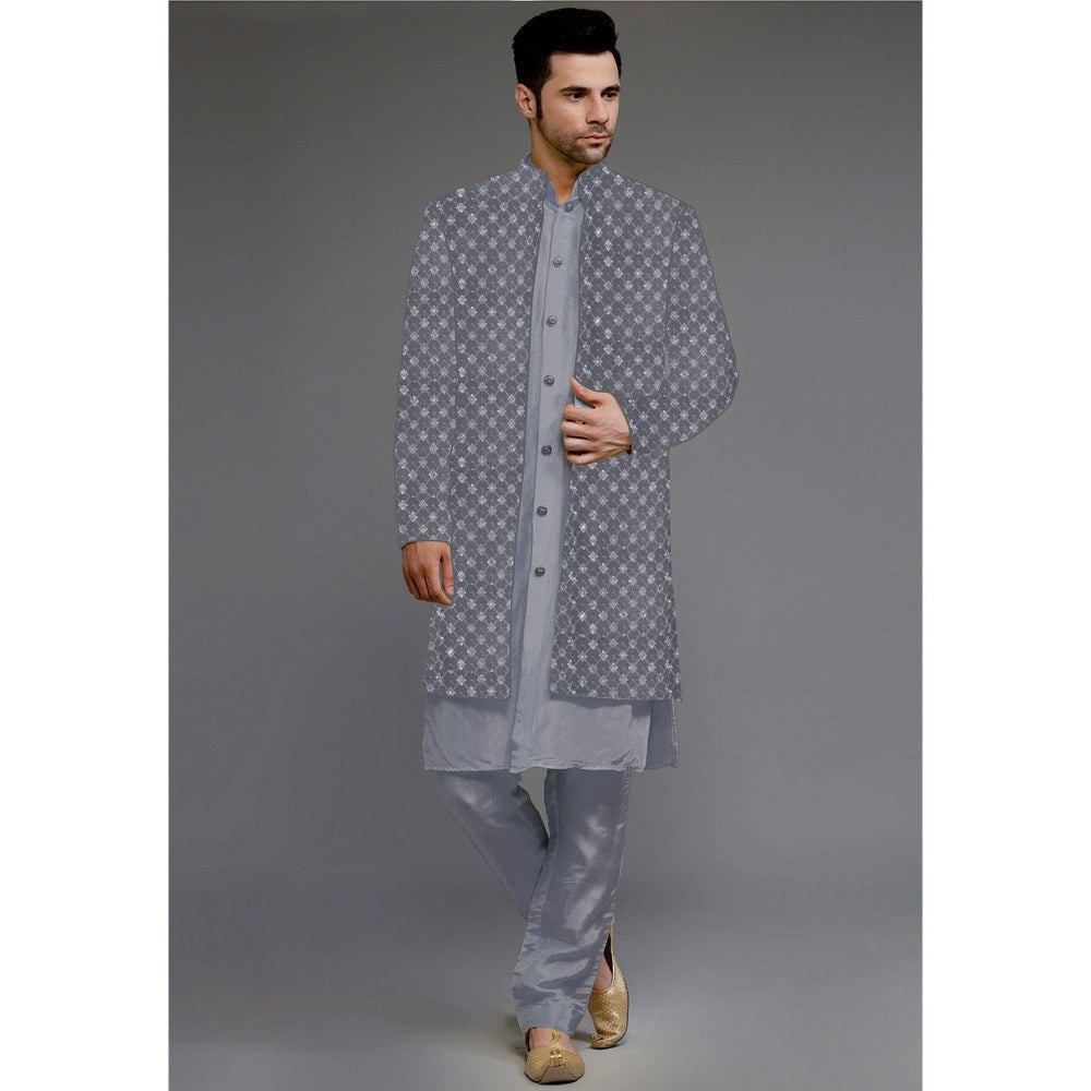 UTSAV FASHION Embroidered Uppada Silk Grey Faux Georgette Sherwani with Pant and Jacket