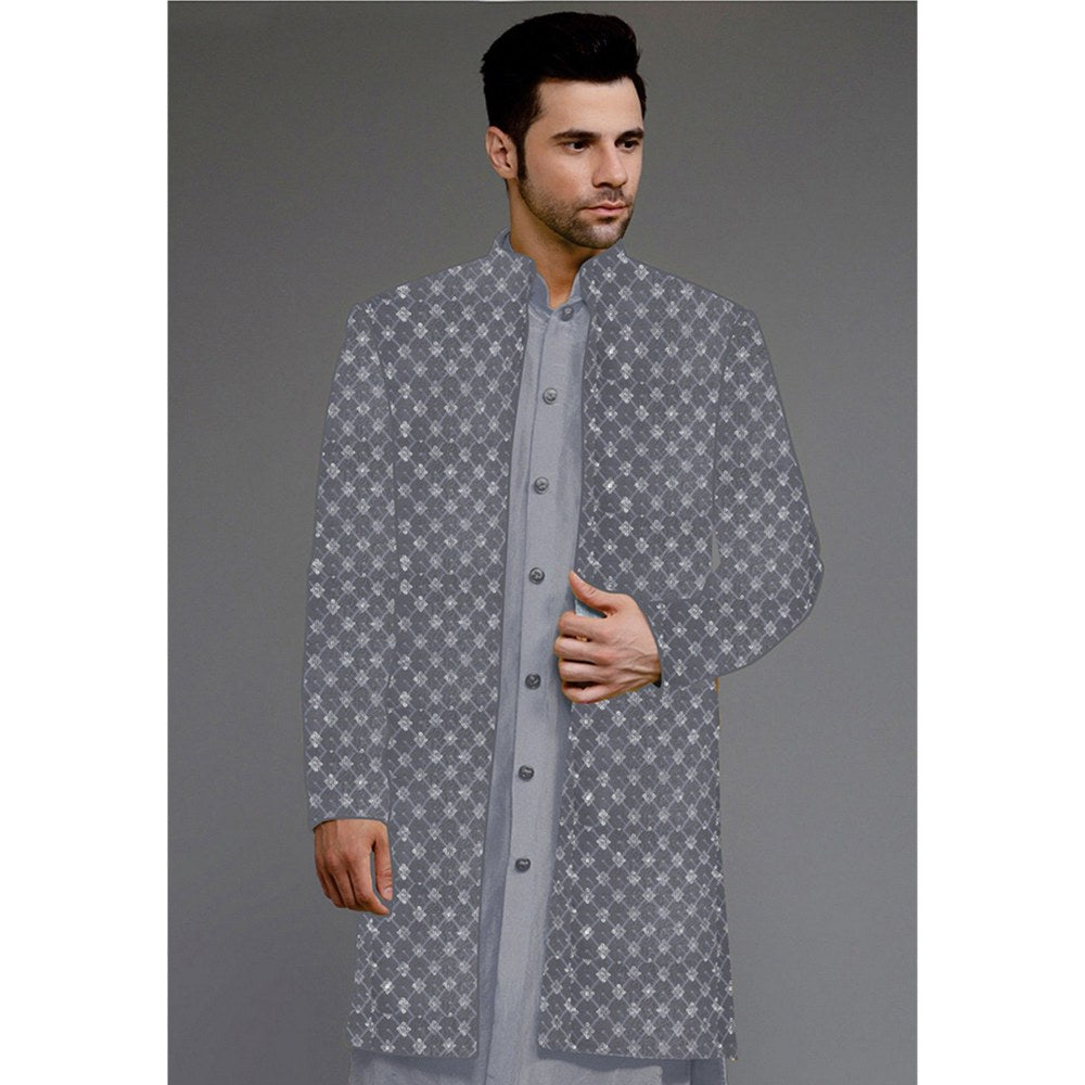 UTSAV FASHION Embroidered Uppada Silk Grey Faux Georgette Sherwani with Pant and Jacket