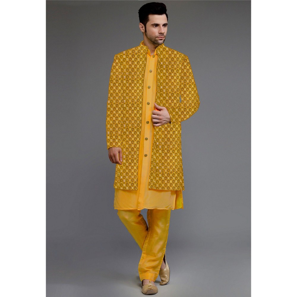 UTSAV FASHION Embroidered Uppada Silk Mustard Faux Georgette Sherwani with Pant and Jacket