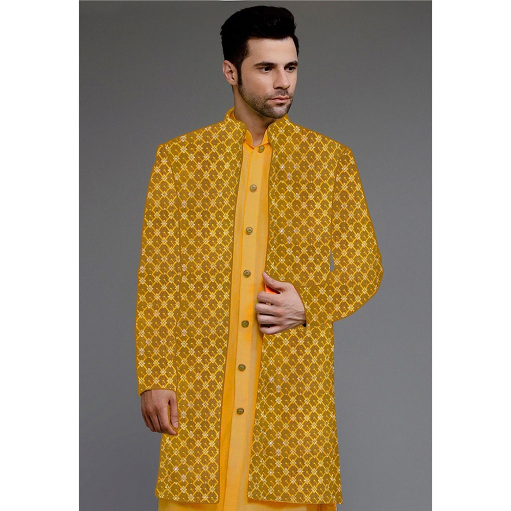 UTSAV FASHION Embroidered Uppada Silk Mustard Faux Georgette Sherwani with Pant and Jacket