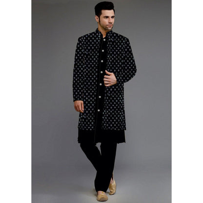 UTSAV FASHION Embroidered Uppada Silk Black Faux Georgette Sherwani with Pant and Jacket