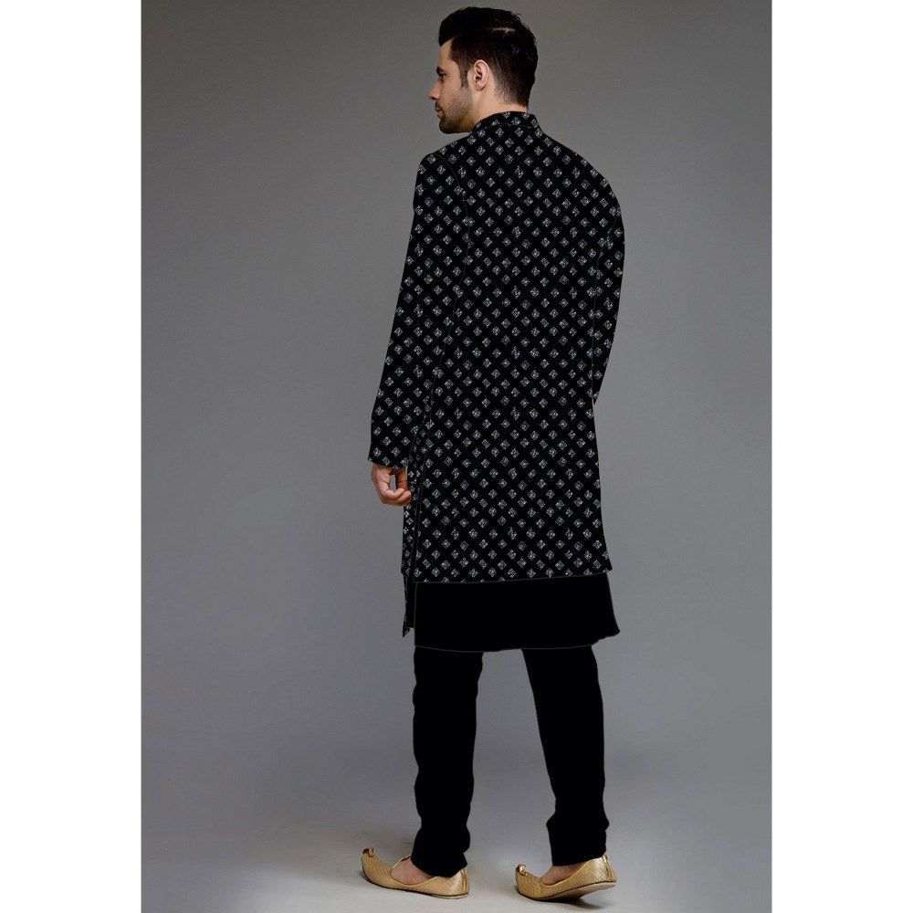 UTSAV FASHION Embroidered Uppada Silk Black Faux Georgette Sherwani with Pant and Jacket