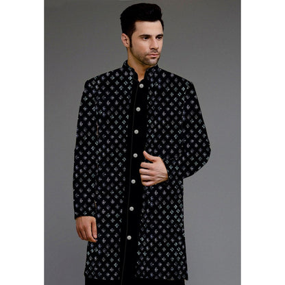 UTSAV FASHION Embroidered Uppada Silk Black Faux Georgette Sherwani with Pant and Jacket