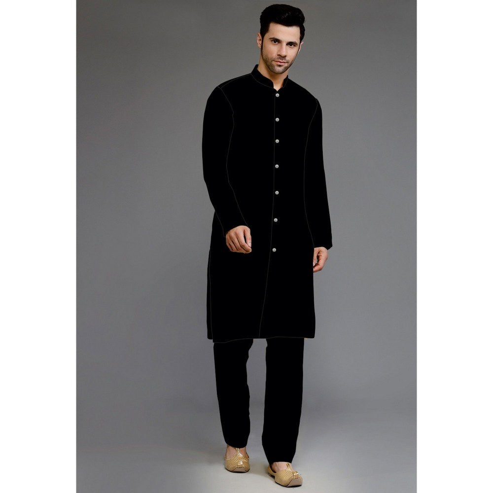 UTSAV FASHION Embroidered Uppada Silk Black Faux Georgette Sherwani with Pant and Jacket