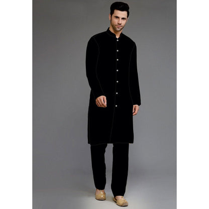 UTSAV FASHION Embroidered Uppada Silk Black Faux Georgette Sherwani with Pant and Jacket