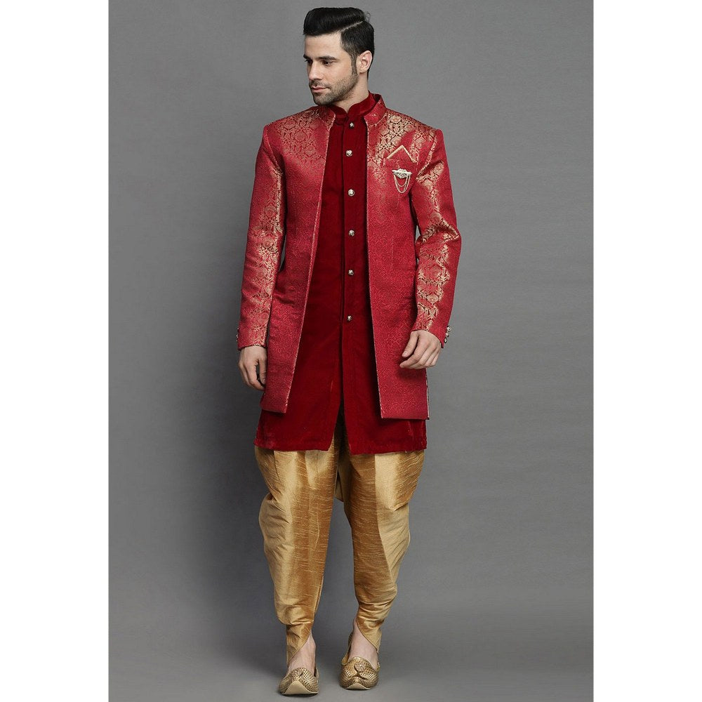 UTSAV FASHION Art Silk Brocade Maroon Color Sherwani with Kurta and Dhoti