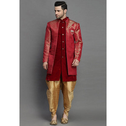 UTSAV FASHION Art Silk Brocade Maroon Color Sherwani with Kurta and Dhoti