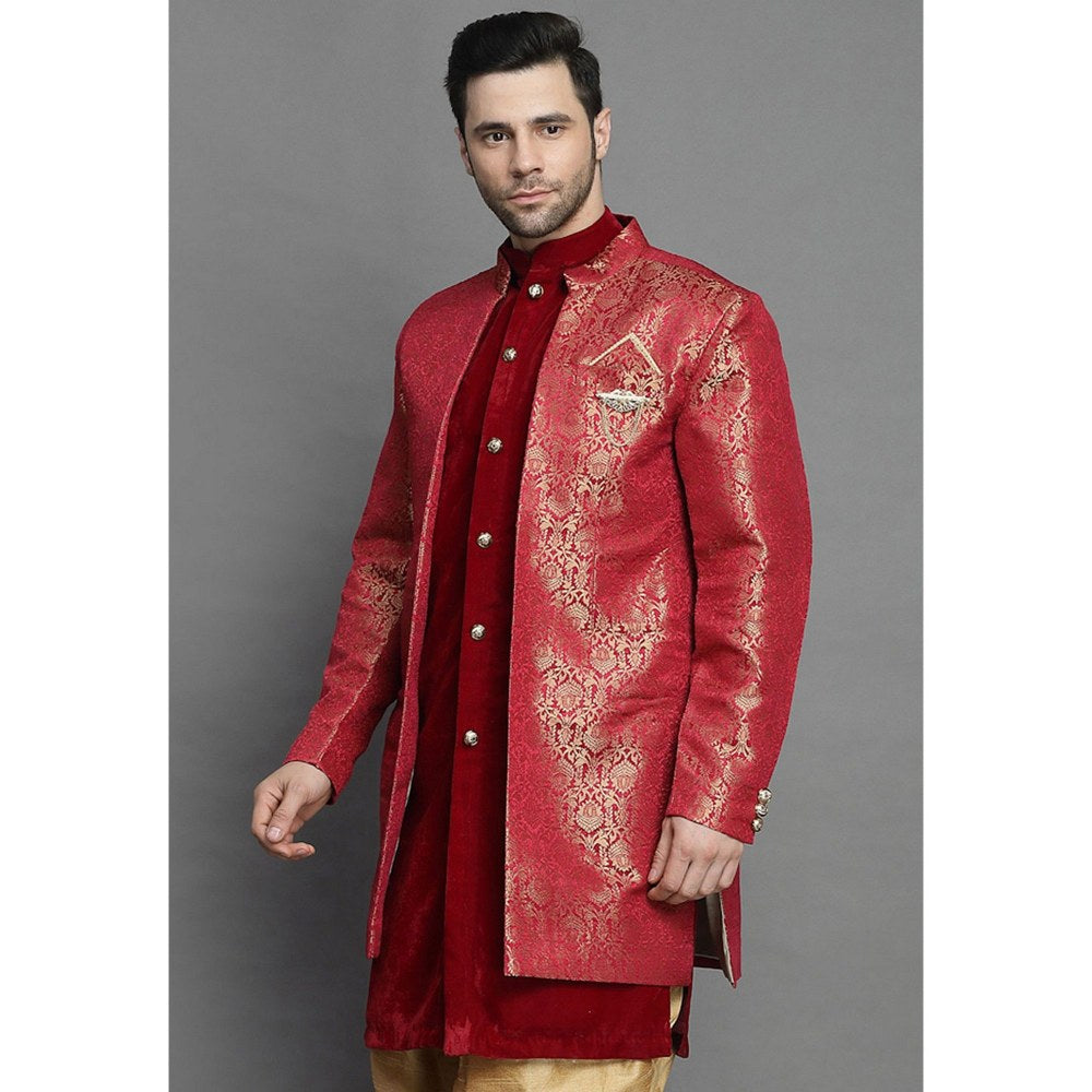 UTSAV FASHION Art Silk Brocade Maroon Color Sherwani with Kurta and Dhoti
