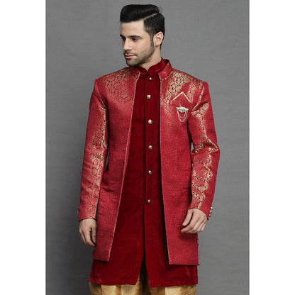 UTSAV FASHION Art Silk Brocade Maroon Color Sherwani with Kurta and Dhoti