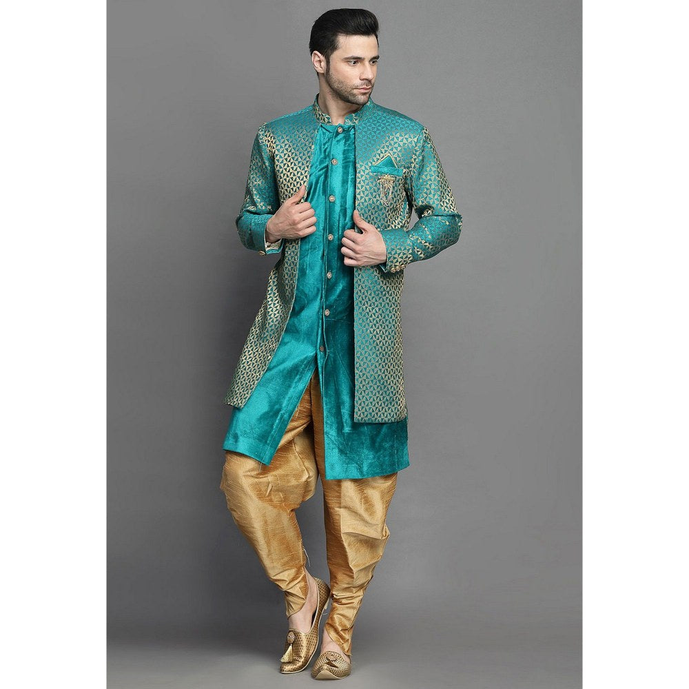 UTSAV FASHION Art Brocade Silk Layered Teal Velvet Sherwani with Kurta and Dhoti