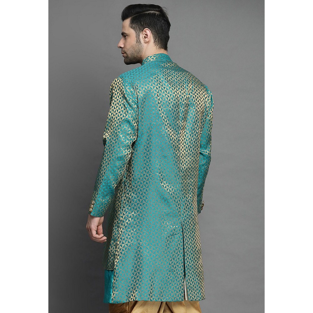 UTSAV FASHION Art Brocade Silk Layered Teal Velvet Sherwani with Kurta and Dhoti