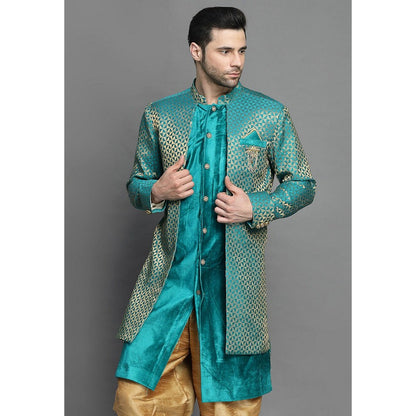 UTSAV FASHION Art Brocade Silk Layered Teal Velvet Sherwani with Kurta and Dhoti