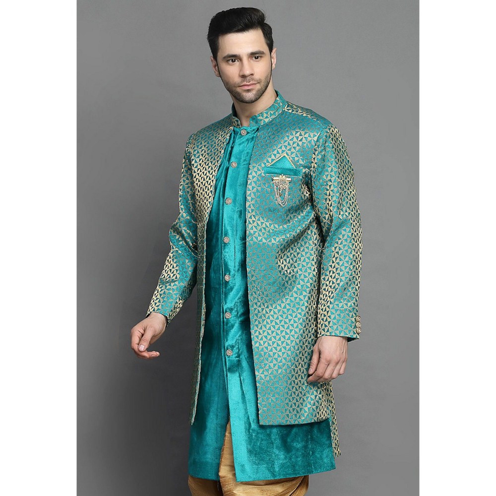 UTSAV FASHION Art Brocade Silk Layered Teal Velvet Sherwani with Kurta and Dhoti