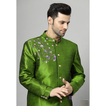 UTSAV FASHION Green Art Silk Embellished Sherwani With Kurta & Pant