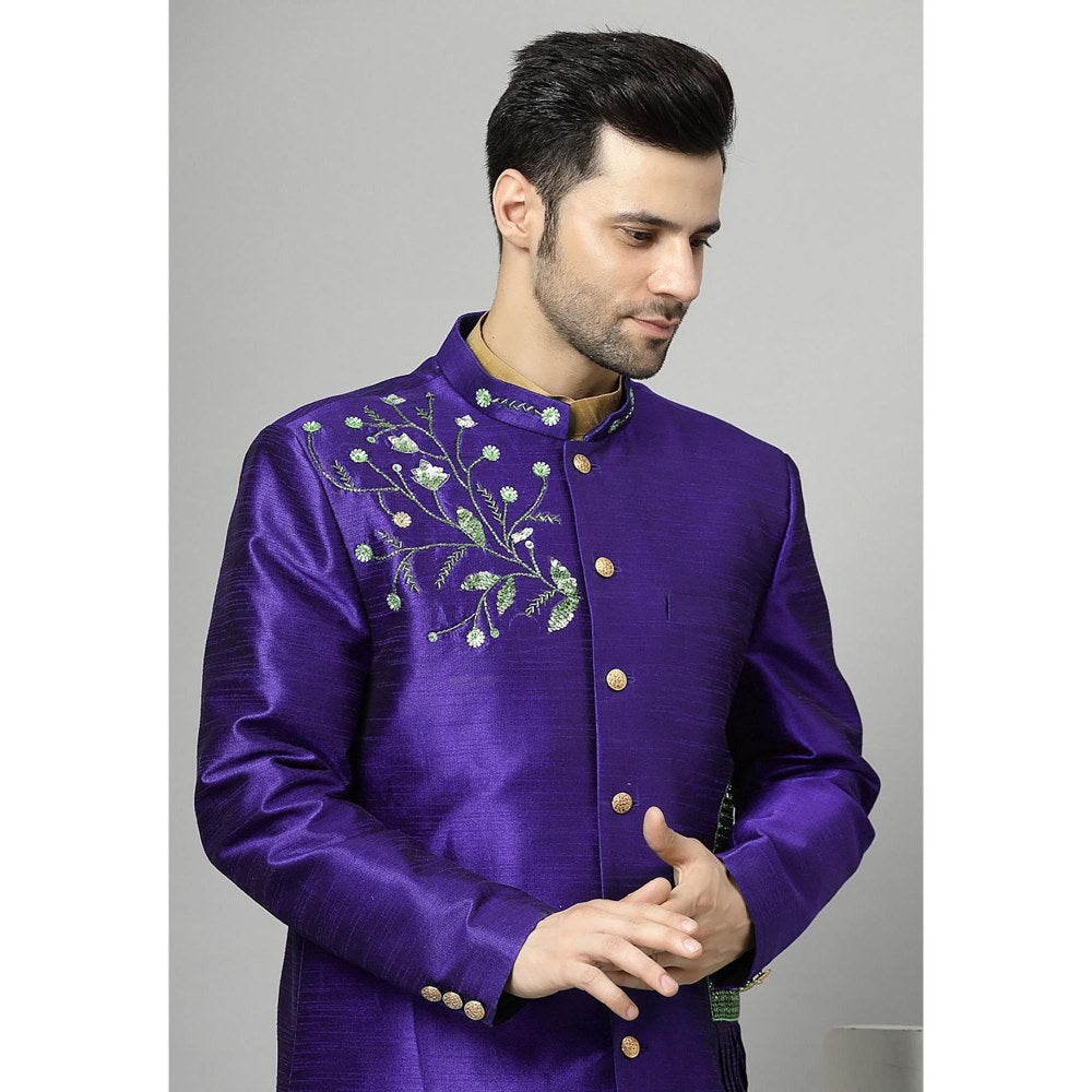 UTSAV FASHION Blue Art Silk Embellished Sherwani With Kurta & Pant
