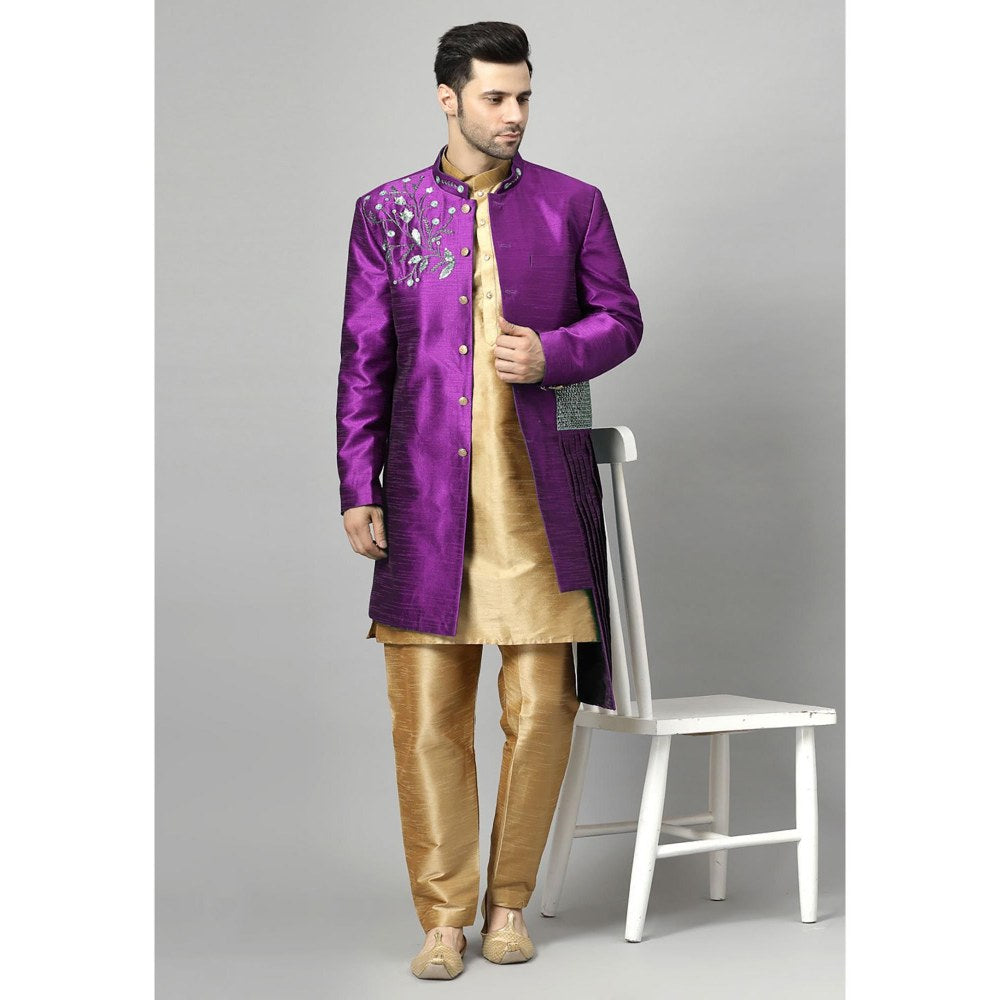 UTSAV FASHION Purple Art Silk Embellished Sherwani With Kurta & Pant