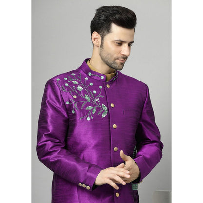 UTSAV FASHION Purple Art Silk Embellished Sherwani With Kurta & Pant