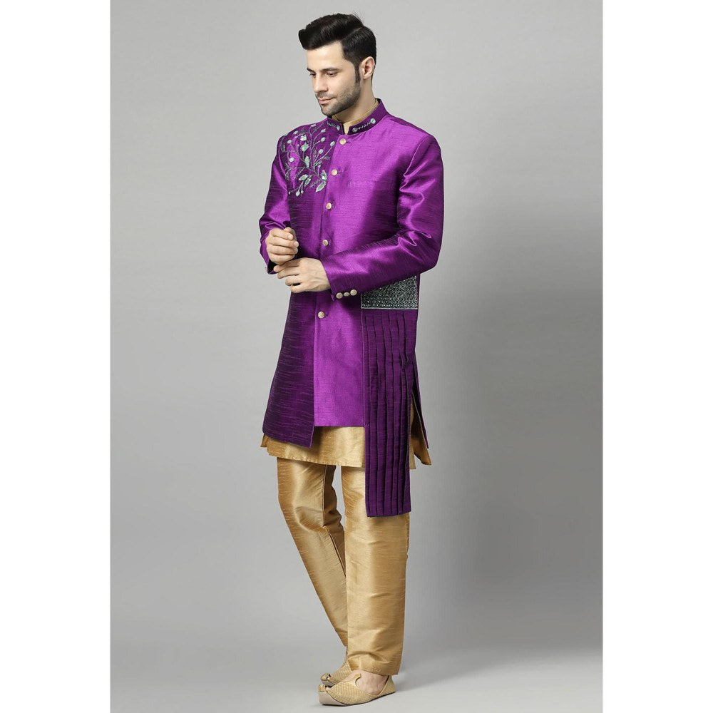 UTSAV FASHION Purple Art Silk Embellished Sherwani With Kurta & Pant
