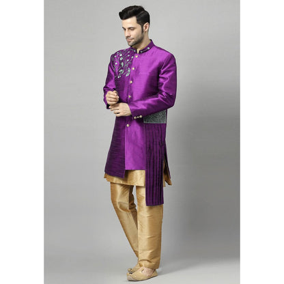 UTSAV FASHION Purple Art Silk Embellished Sherwani With Kurta & Pant