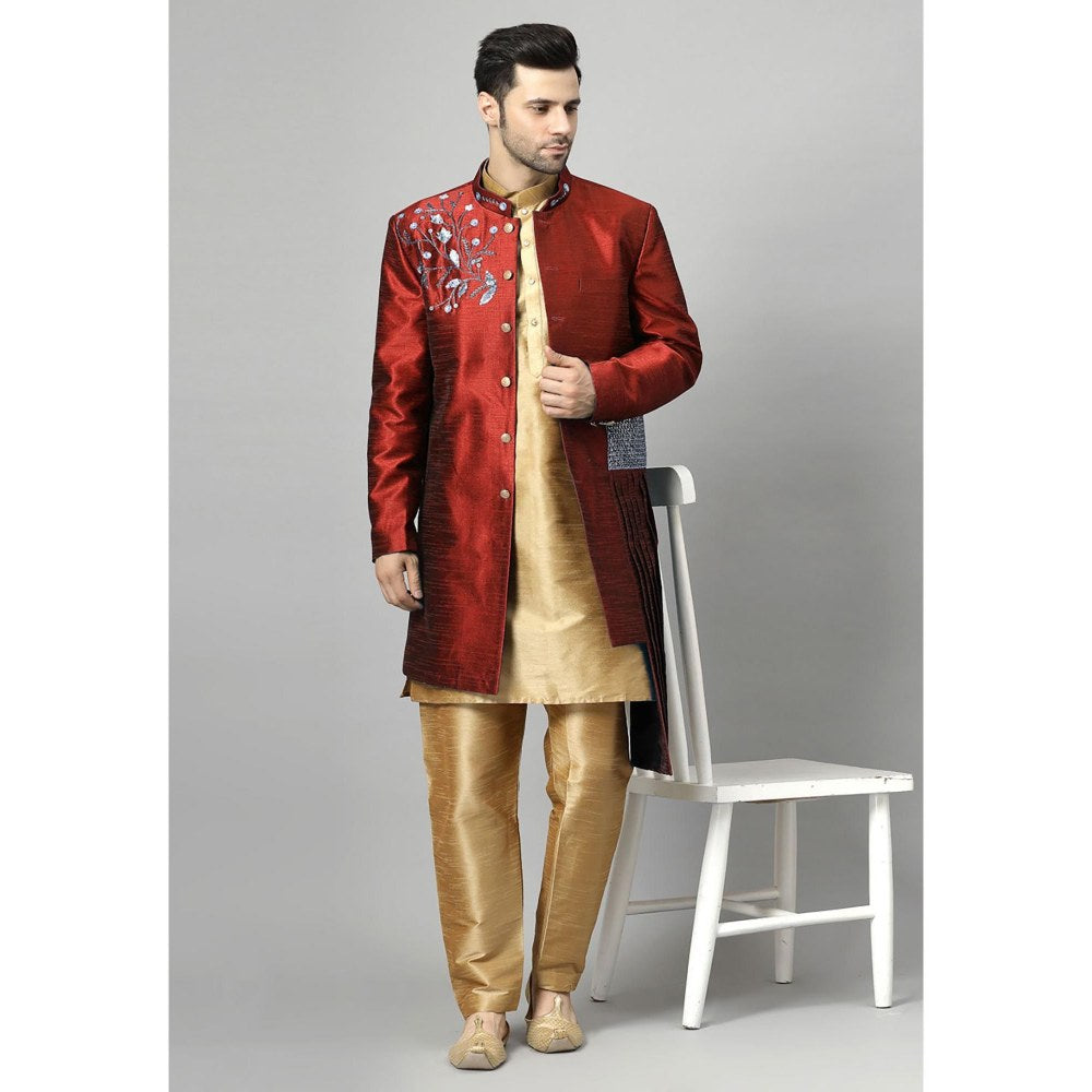 UTSAV FASHION Maroon Art Silk Embellished Sherwani With Kurta & Pant