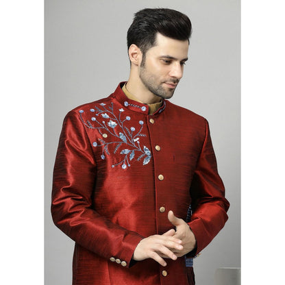 UTSAV FASHION Maroon Art Silk Embellished Sherwani With Kurta & Pant