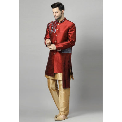 UTSAV FASHION Maroon Art Silk Embellished Sherwani With Kurta & Pant