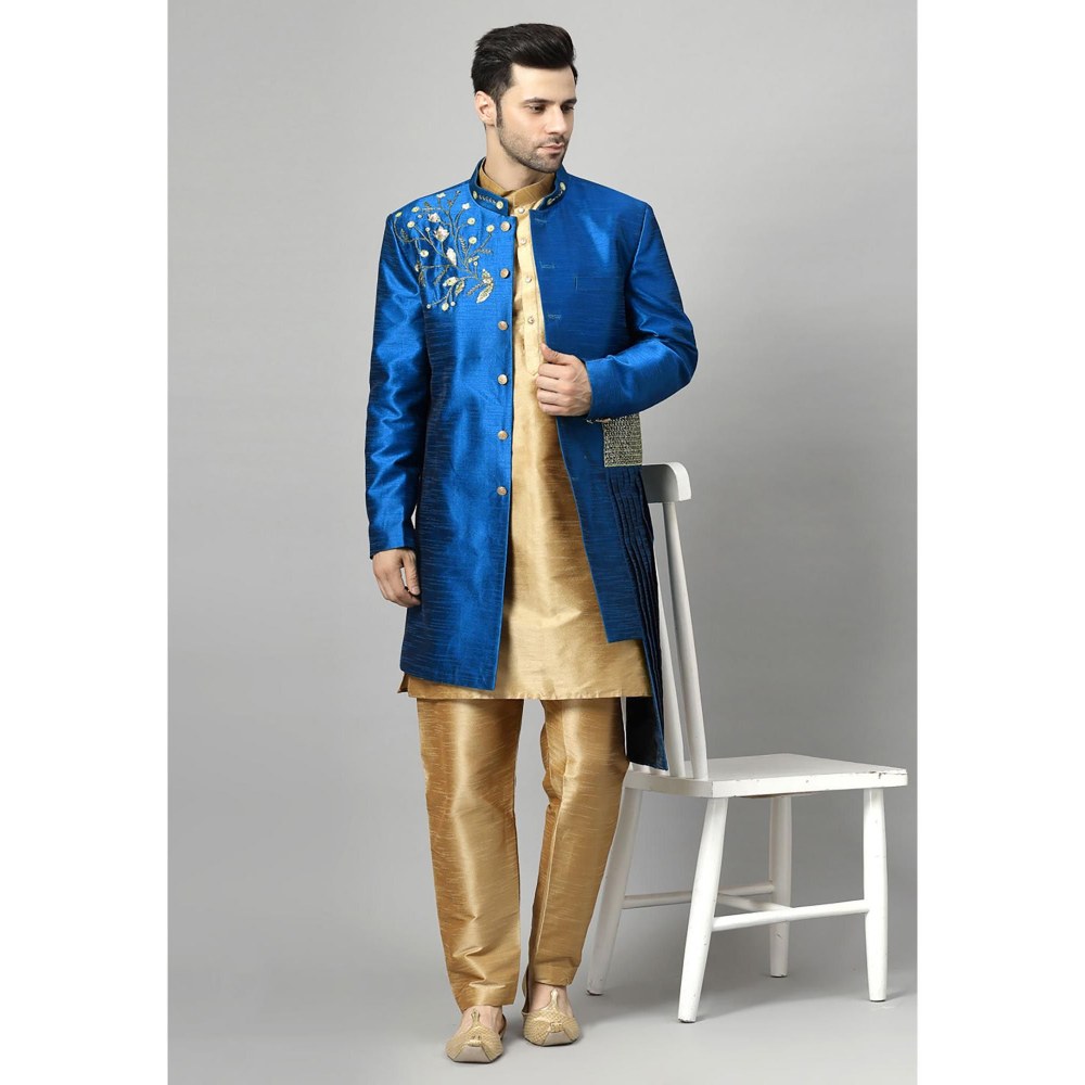 UTSAV FASHION Blue Art Silk Embellished Sherwani With Kurta & Pant