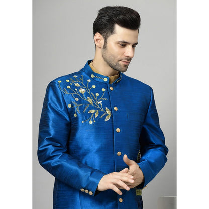 UTSAV FASHION Blue Art Silk Embellished Sherwani With Kurta & Pant