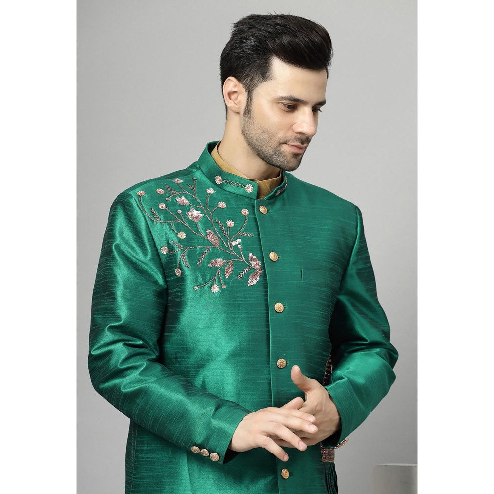 UTSAV FASHION Green Art Silk Embellished Sherwani With Kurta & Pant