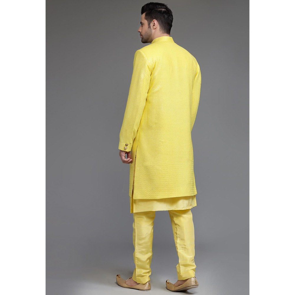 UTSAV FASHION Yellow Cotton Silk Embellished Sherwani With Kurta & Pant