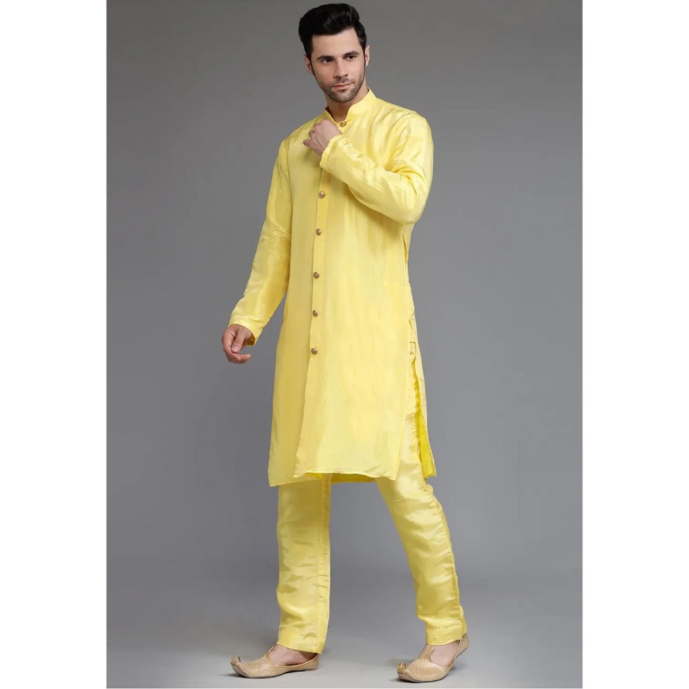 UTSAV FASHION Yellow Cotton Silk Embellished Sherwani With Kurta & Pant