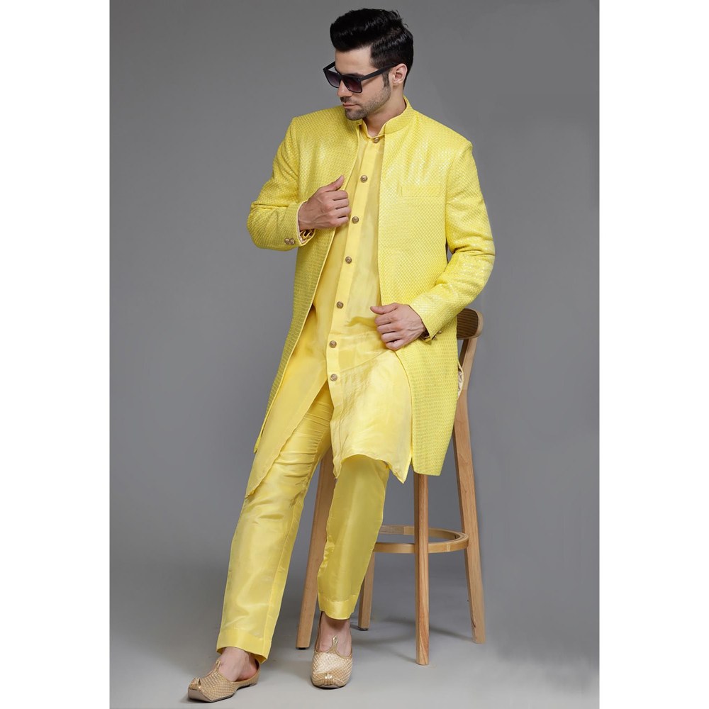 UTSAV FASHION Yellow Cotton Silk Embellished Sherwani With Kurta & Pant